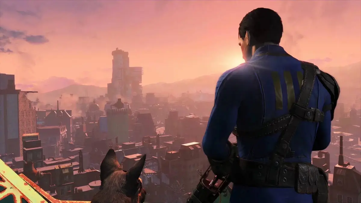Male Vault Dweller And Dogmeat Enjoying Boston Sunset On Rooftop In Fallout 4