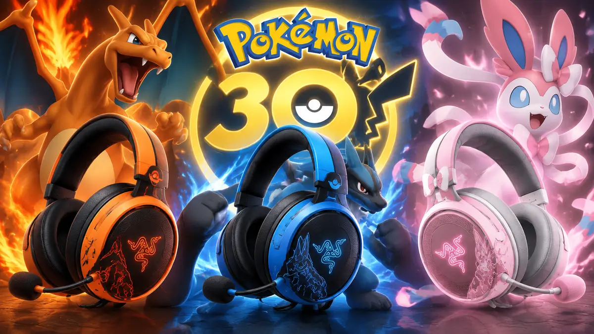 Гарнитуры Razer в стиле Pokémon с Чаризардом, Лукарио и Сильвеоном на фоне юбилейного логотипа 30 лет
