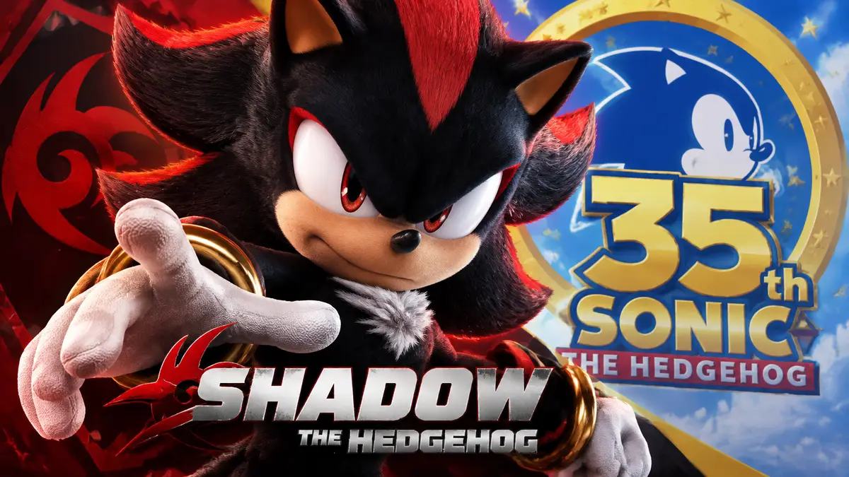 Ёж Шэдоу крупным планом на фоне постера 35-летия Sonic the Hedgehog