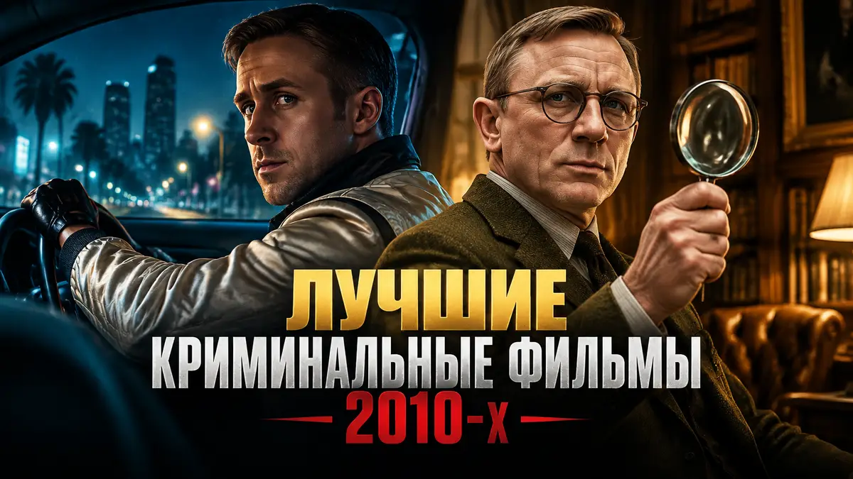 Постер подборки лучших криминальных фильмов 2010-х: детектив Бенуа Блан и водитель в ночном городе
