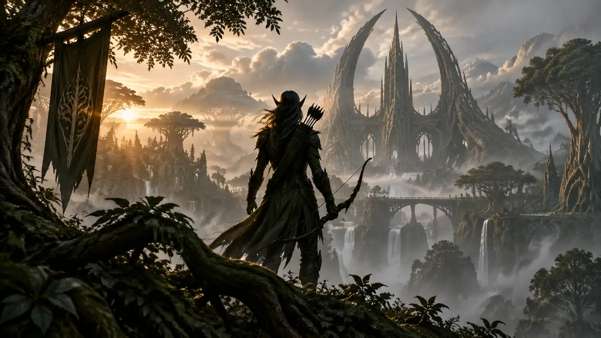 Эльфийский часовой Валенвуда на фоне древнего храма босмеров и логотипа The Elder Scrolls 6 в тумане