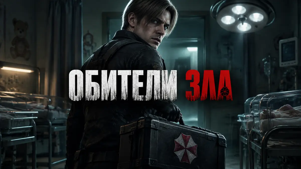 Брайан с кейсом стабилизатора в тёмном родильном отделении больницы, постер фильма «Обитель зла» 2026