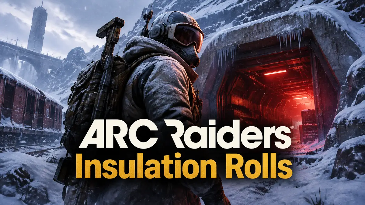 Рейдер ARC Raiders в зимнем снаряжении у входа в снежное убежище с красным огнём на Pendola Pass