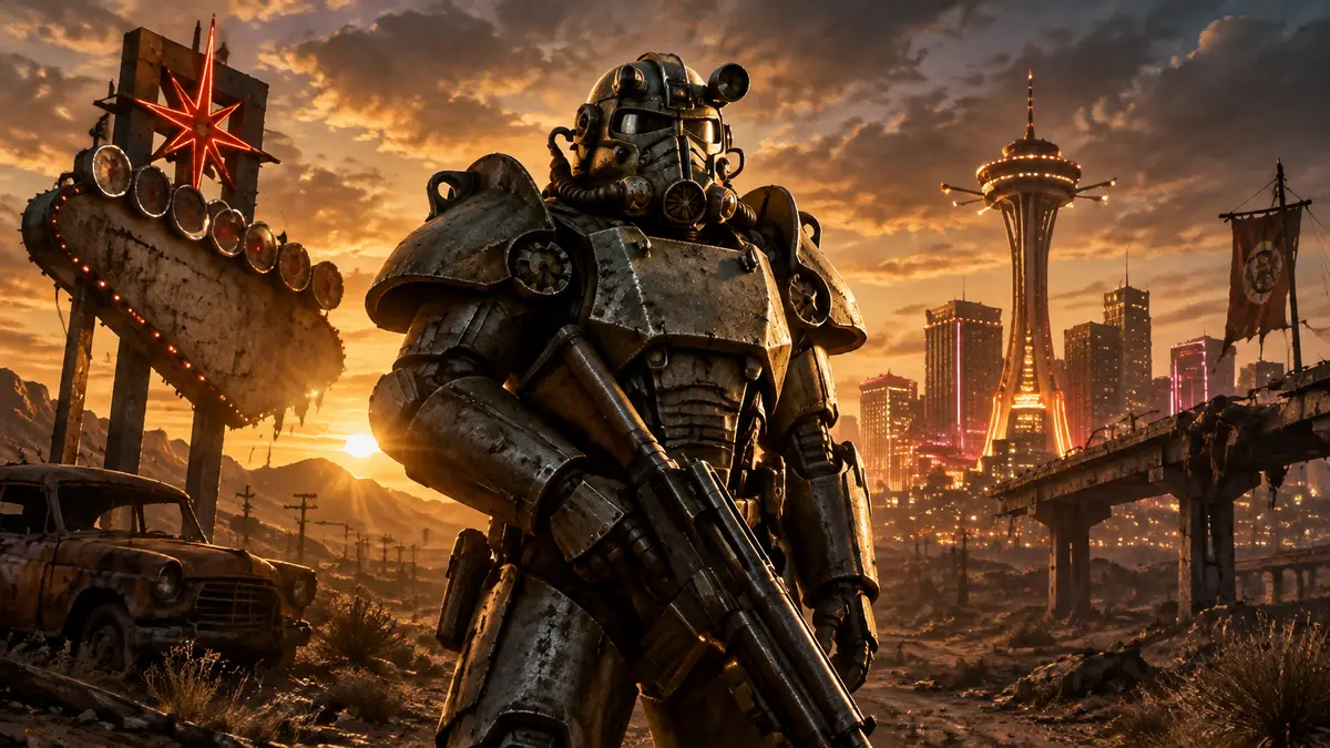 Fallout 5: силовая броня в центре на фоне неоновых вывесок New Vegas и пустоши, логотип Fallout