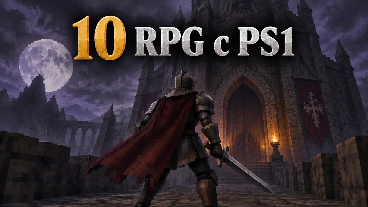 Мрачный рыцарь с мечом у входа в древнюю башню в стиле классических RPG с PS1, ретро-полигональная графика