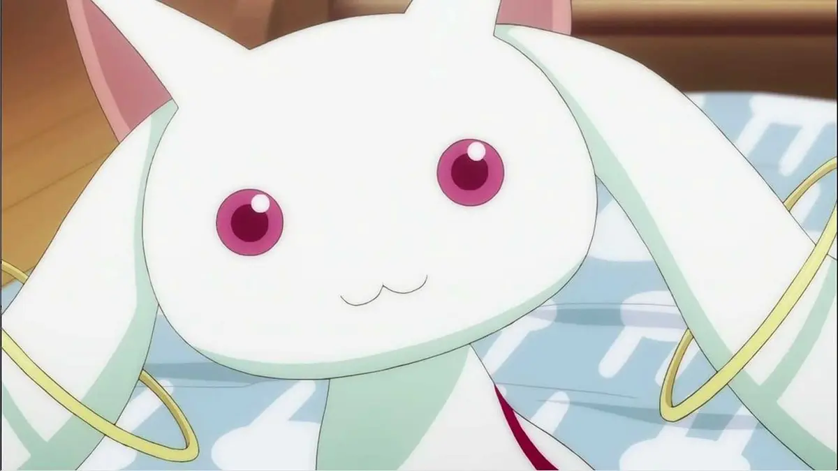 Kyubey staring innocently in Puella Magi Madoka Magica