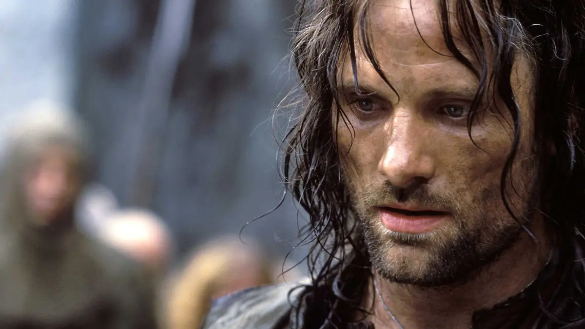 A closeup of Aragorn looking tired in The Lord of the Rings: The Two Towers
