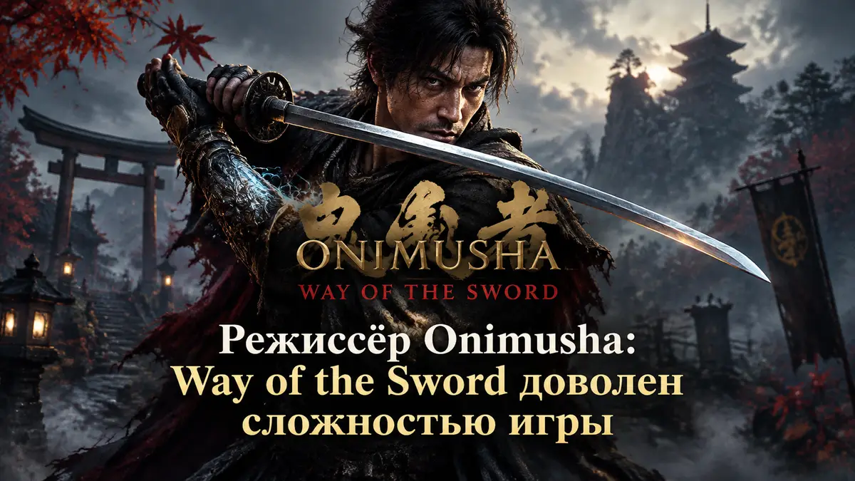 Самурай с катаной в боевой стойке на фоне логотипа Onimusha: Way of the Sword, туманная феодальная Япония