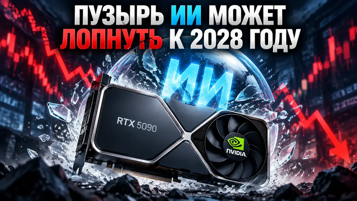 Видеокарта NVIDIA RTX 5090 в центре на фоне лопающегося пузыря с логотипом ИИ и падающих графиков биржи