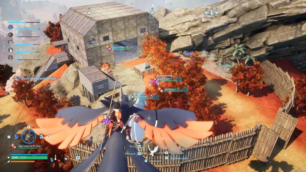 Palworld character flying over a base by a large rock with a rounded fence