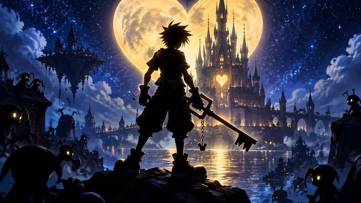 Сора с Keyblade в руке на фоне замка и звёздного неба в стиле постера Kingdom Hearts