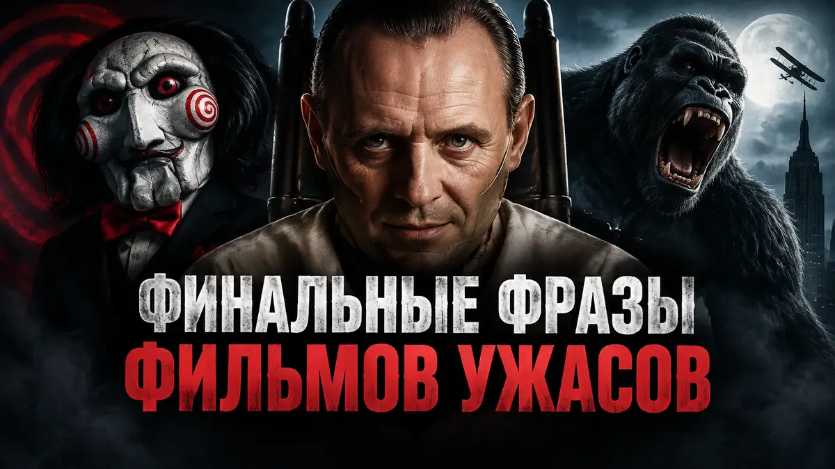 Джигсо, Ганнибал Лектер и Кинг-Конг на тёмном постере о финальных фразах фильмов ужасов