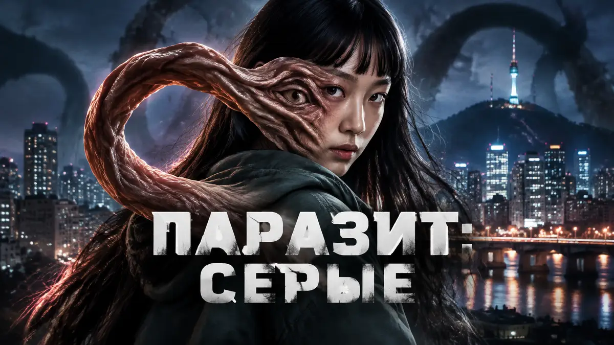 Девушка с живым щупальцем-паразитом на лице на фоне ночного корейского города, постер «Паразит: Серые»