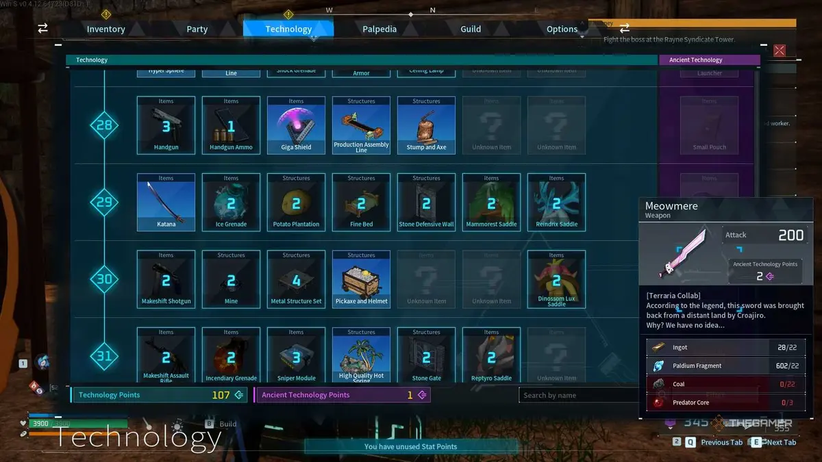 The player is checking the Meowmere sword from Technology tab in Palworld