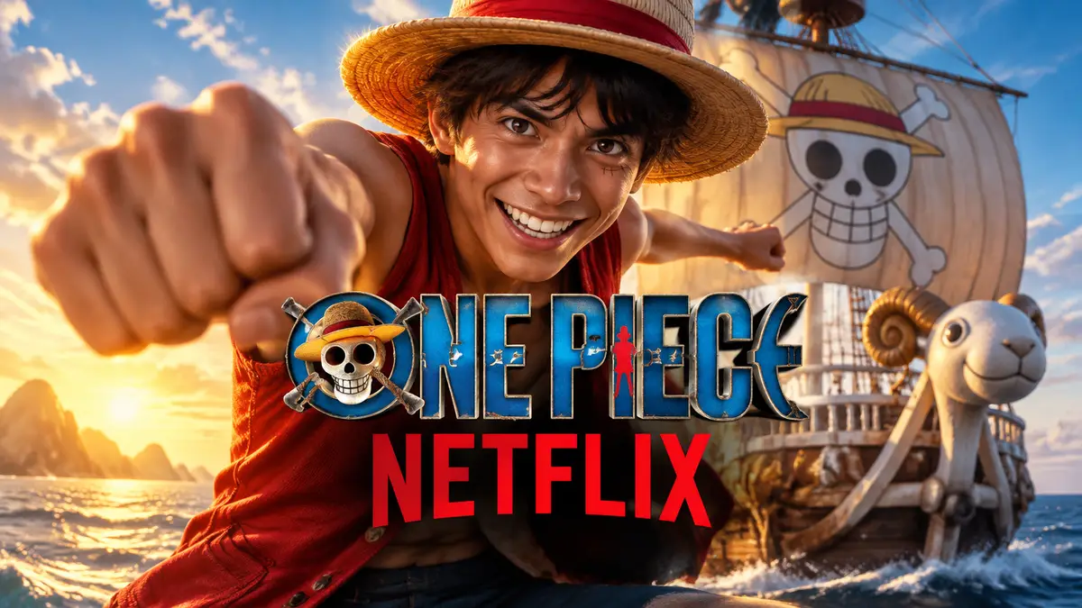 Луффи в соломенной шляпе на фоне пиратского корабля и логотипа One Piece в стилистике Netflix