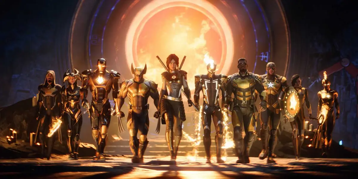 The cast of characters from Marvel's Midnight Suns walking in a line away from a portal.