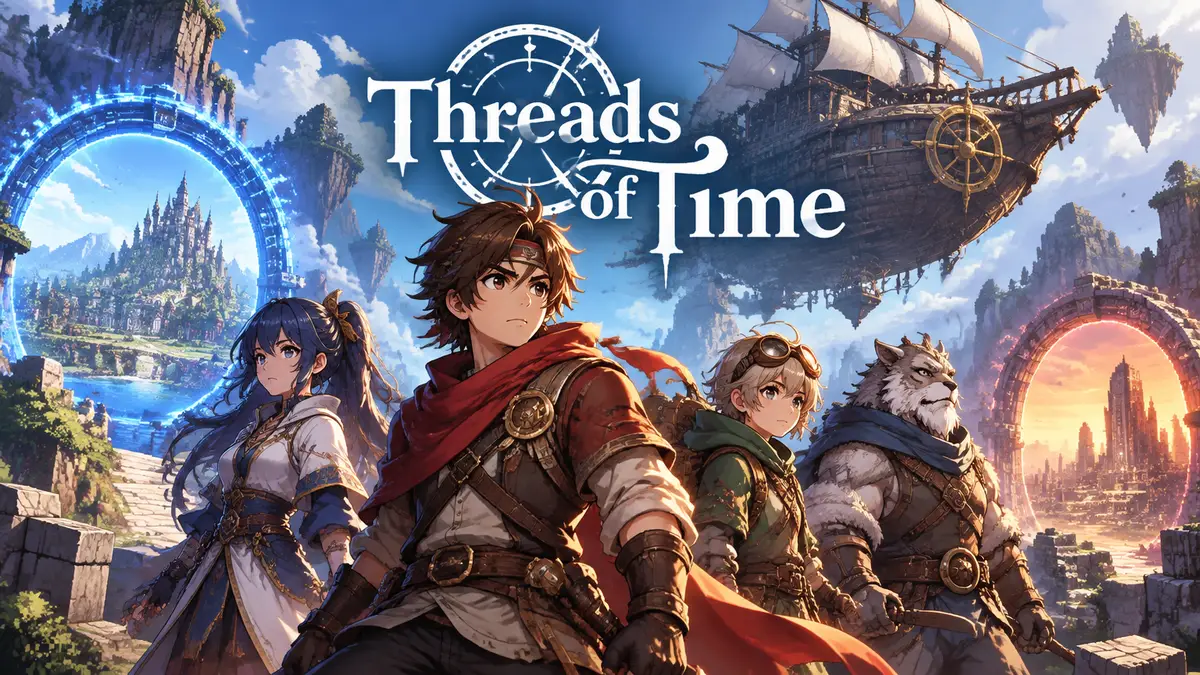 Отряд из четырёх героев JRPG Threads of Time на фоне летающего корабля The Needle и порталов времени в HD-2D