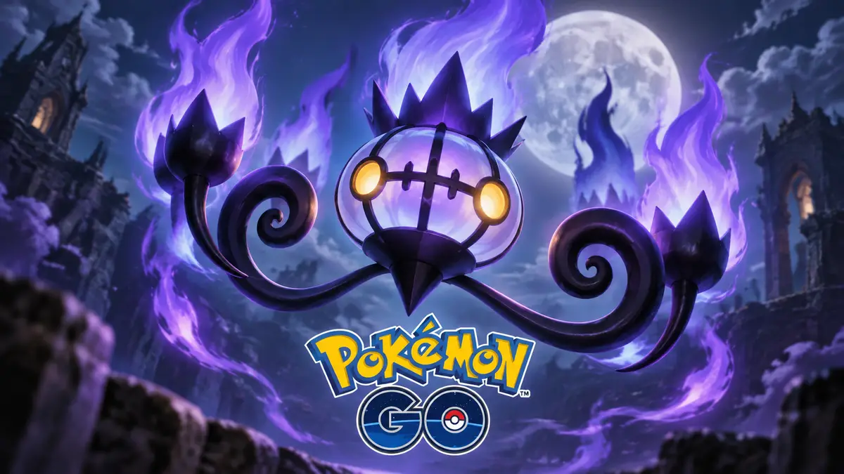 Mega Chandelure, призрачная люстра с фиолетовым пламенем, парит в ночном небе — арт Pokémon Go
