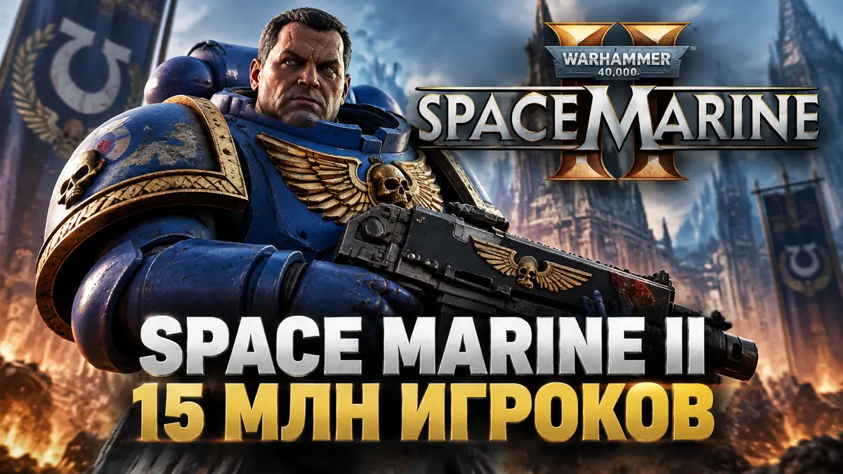 Космодесантник Тит в синей силовой броне с болтером на фоне логотипа Warhammer 40,000: Space Marine II