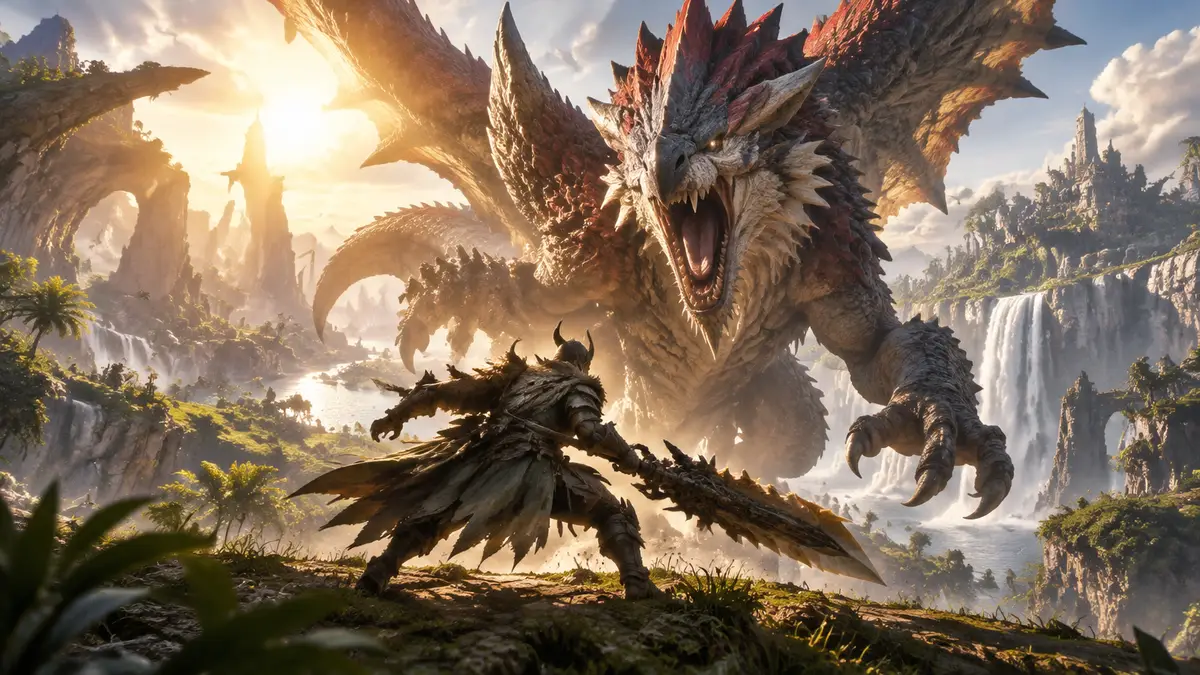 Охотник сражается с гигантским монстром на фоне природы в стиле Monster Hunter Outlanders
