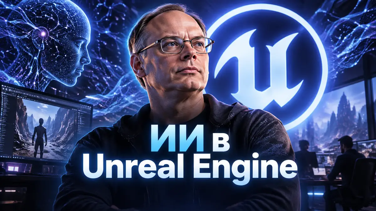 Тим Суини на фоне светящегося логотипа Unreal Engine и нейросетевых узоров, тема ИИ в разработке игр