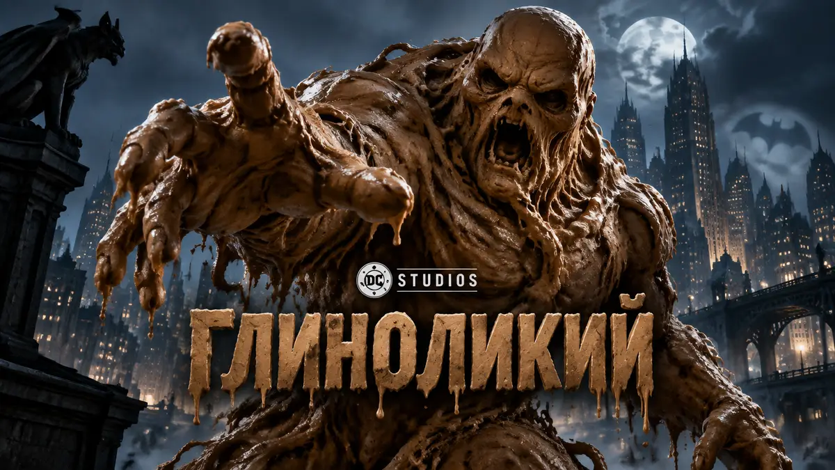 Глиноликий Мэтт Хейген с текучим глиняным телом на фоне ночного Готэма, постер фильма DC Studios