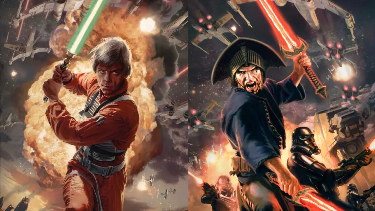 Luke and Lord Shadowspawn on the front and back cover of Luke Skywalker and the Shadows of Mindor