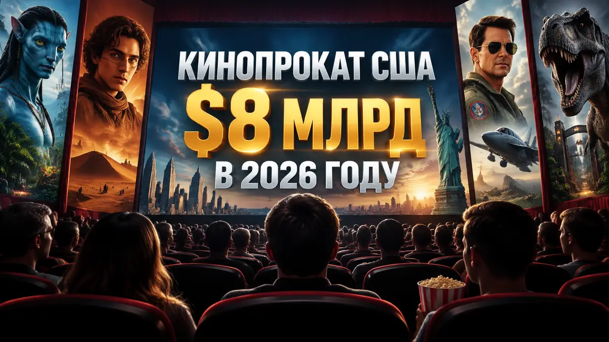 Зал кинотеатра с экраном и зрителями на фоне постеров кассовых блокбастеров
