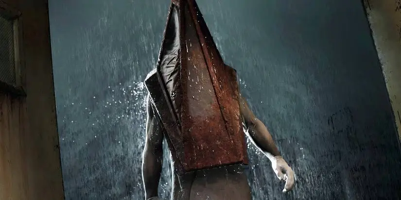 Pyramid Head standing in the rain in the Silent Hill 2 remake.