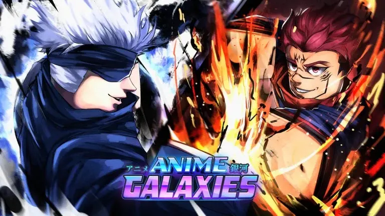 Artwork for the Roblox game Anime Galaxies showing two characters based on Jujutsu Kaisen facing off during a battle.