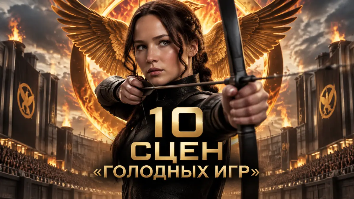 Китнисс Эвердин с луком на фоне арены и сойки-пересмешницы, постер в стиле «Голодных игр»