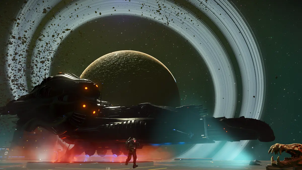 No Man's Sky Forsaken Ship in front of a ringed planet.