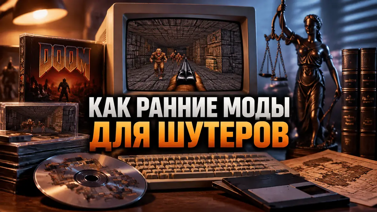 Ретро-компьютер с классическим шутером от первого лица и коробками дисков
