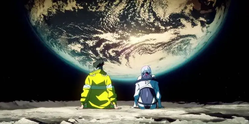 Two characters staring at a planet in 'Cyberpunk: Edgerunners' Episode 10