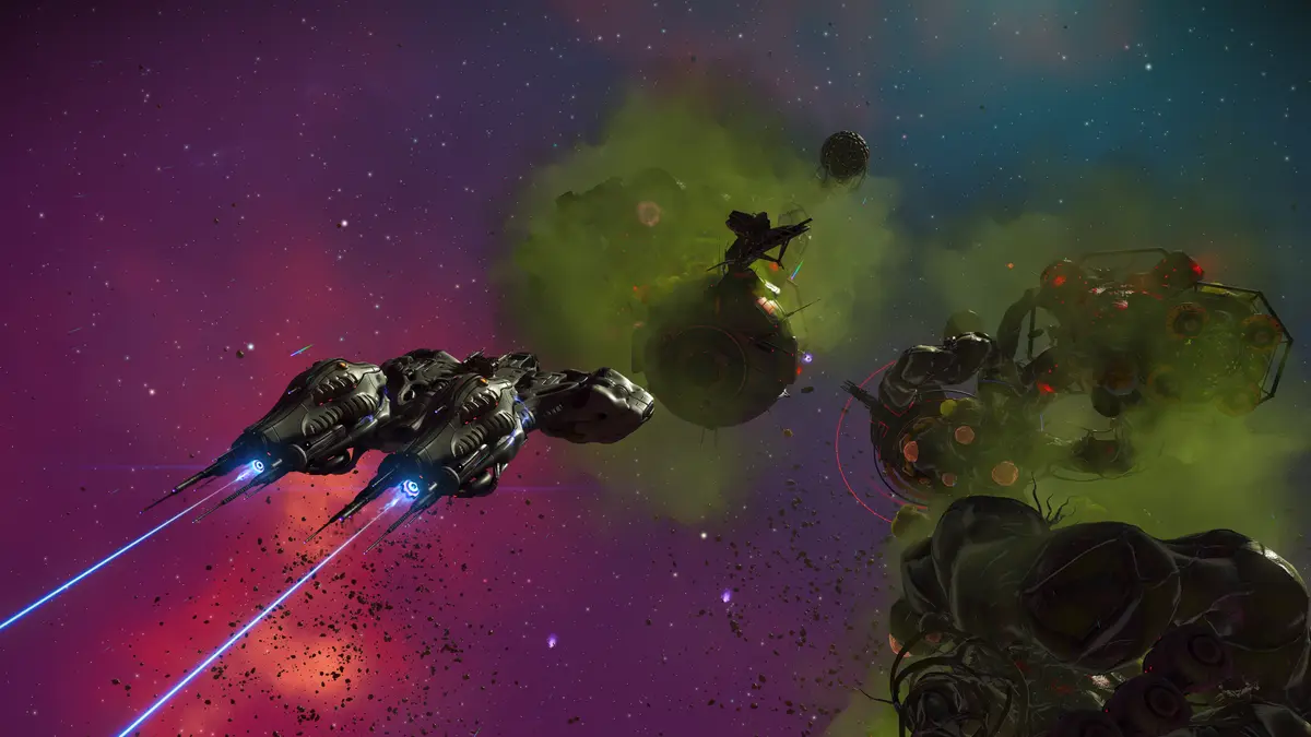 No Man's Sky Forsaken ship flying through nebula.