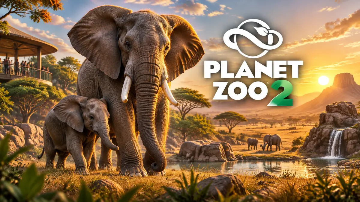 Слоны в просторном вольере зоопарка на фоне саванны и логотипа Planet Zoo 2, тёплый закатный свет