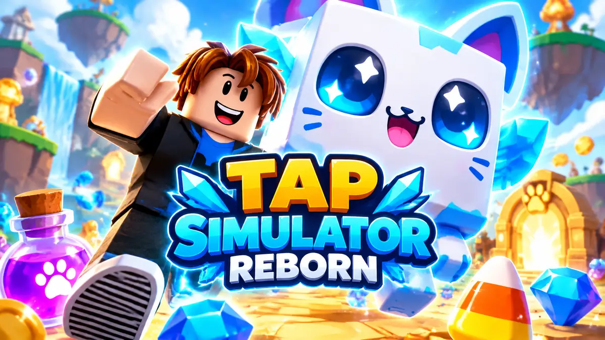 Персонаж Roblox рядом с огромным милым существом-питомцем на яркой обложке Tap Simulator Reborn