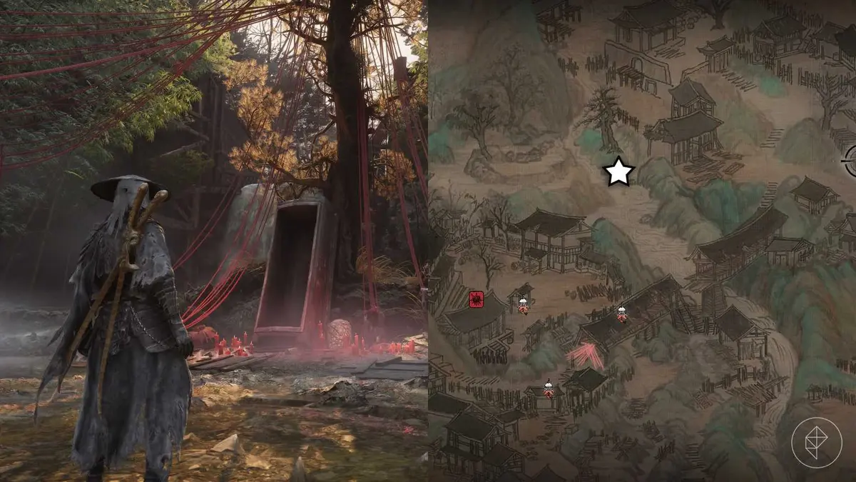 A Phantom Blade Zero montage showing the location of where you find the enemy you must defeat to unlock the covered bridge