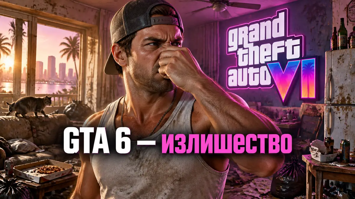 Джейсон из GTA 6 морщится от запаха в захламлённом доме Вайс-Сити, неоновый логотип GTA VI на фоне