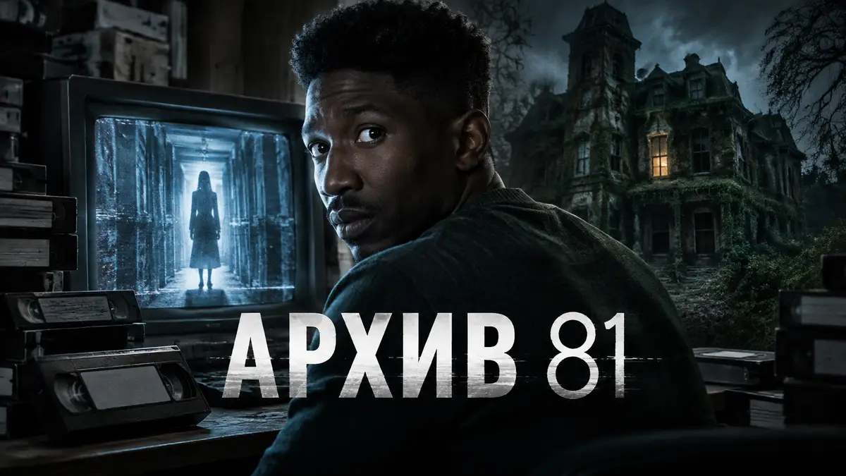 Архив 81: Дэн Тёрнер у мерцающего экрана с видеокассетами, за ним тёмный дом Visser, порос мхом