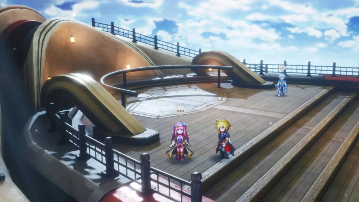 Aileen, a pink-haired inventor, stands on the deck of the airship in Final Fantasy: Resonance