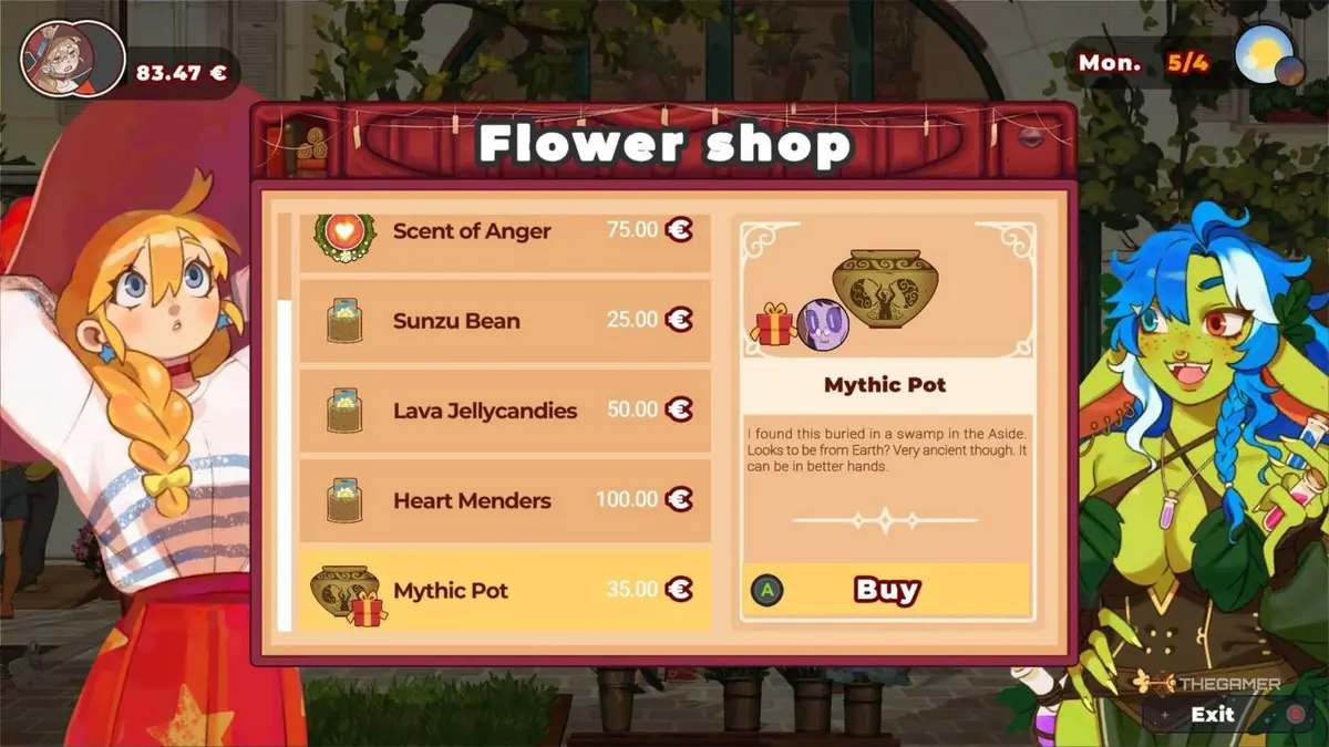 Lunne purchasing a Mythic Pot gift in The Witch's Bakery.