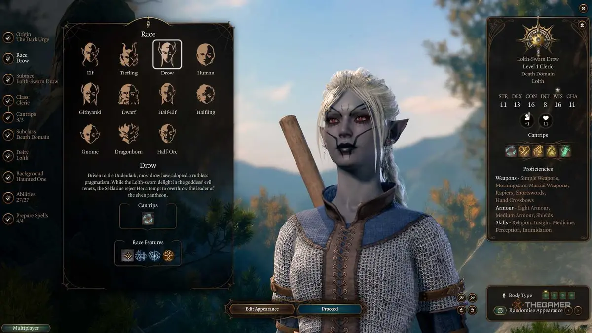 Death Domain Cleric chooses the Drow race in Baldur's Gate 3.