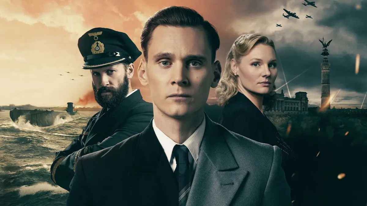 The main characters in Das Boot with wartime imagery in the background