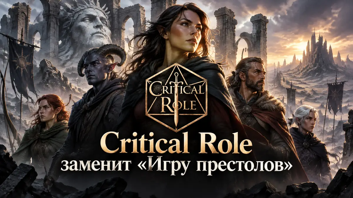 Фэнтезийный постер Critical Role: революционеры на фоне разрушенного храма богов и пустошей Aramán