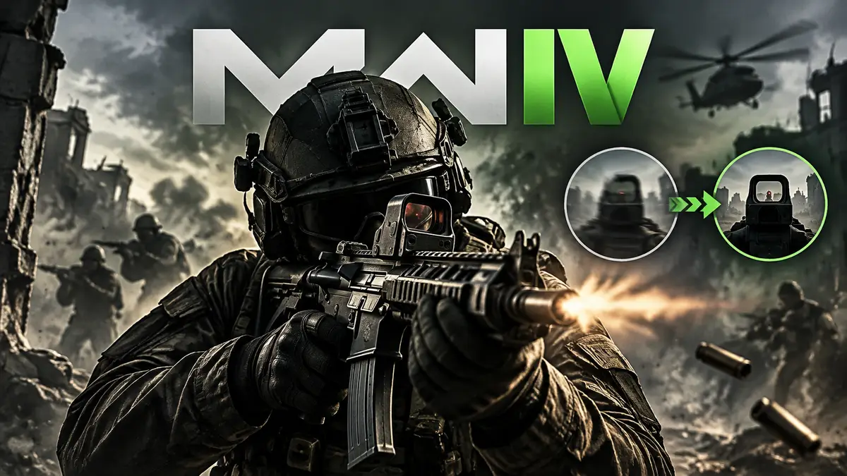 Солдат Call of Duty: Modern Warfare 4 целится из штурмовой винтовки с прицелом, логотип игры, отдача