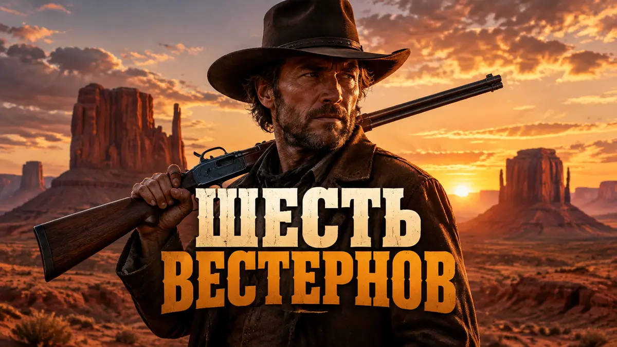Ковбой в шляпе с винтовкой Winchester на фоне скал Долины монументов, постер к подборке вестернов