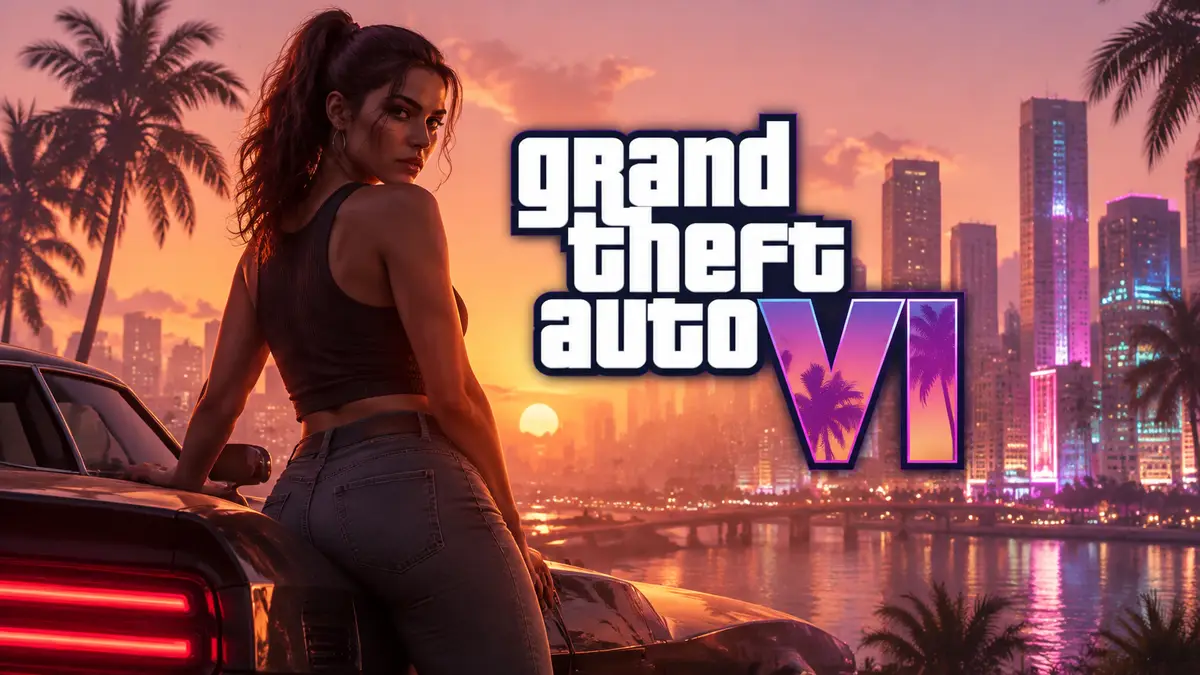 Закат над неоновым Vice City в дымке, силуэт Лусии у машины, стилизованный логотип GTA 6
