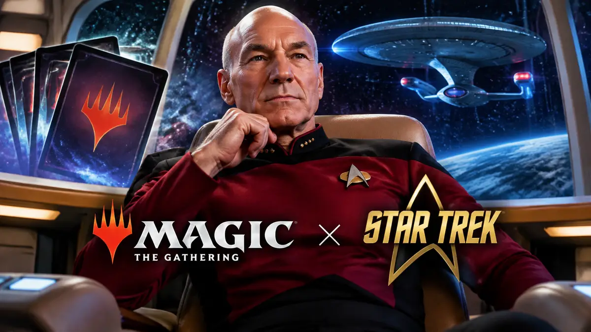 Капитан Жан-Люк Пикар на мостике «Энтерпрайза» на фоне звёзд, постер Magic: The Gathering x Star Trek