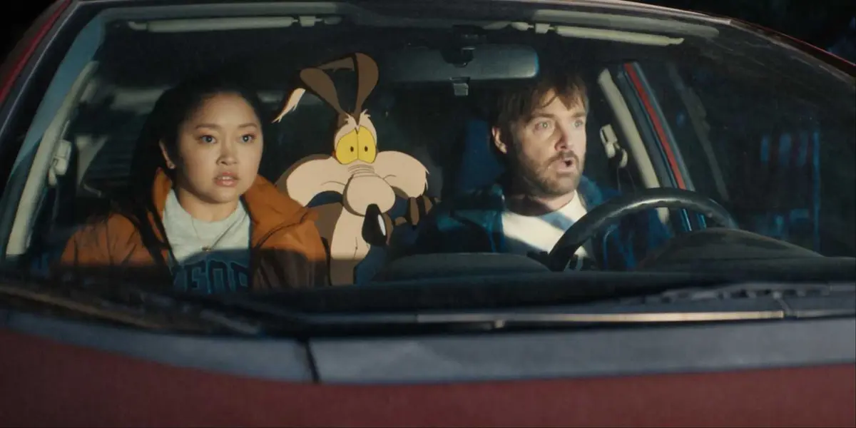Paige Avery (Lana Condor), Kevin Avery (Will Forte), and Wile E. Coyote in a car in Coyote vs. Acme